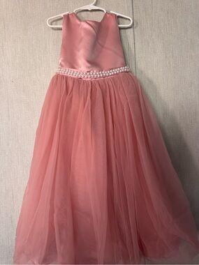 Girls' Pink Satin & Tulle Pearl Waist Party Dress